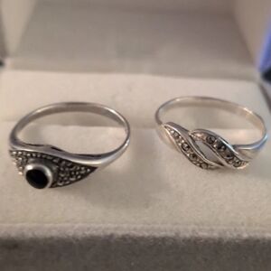 Vintage Art Deco Sterling Silver Onyx & Marcasite Nesting Ring Set 925 -size 6.5